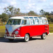 1972 Red and Beige Volkswagen Bus thumbnail
